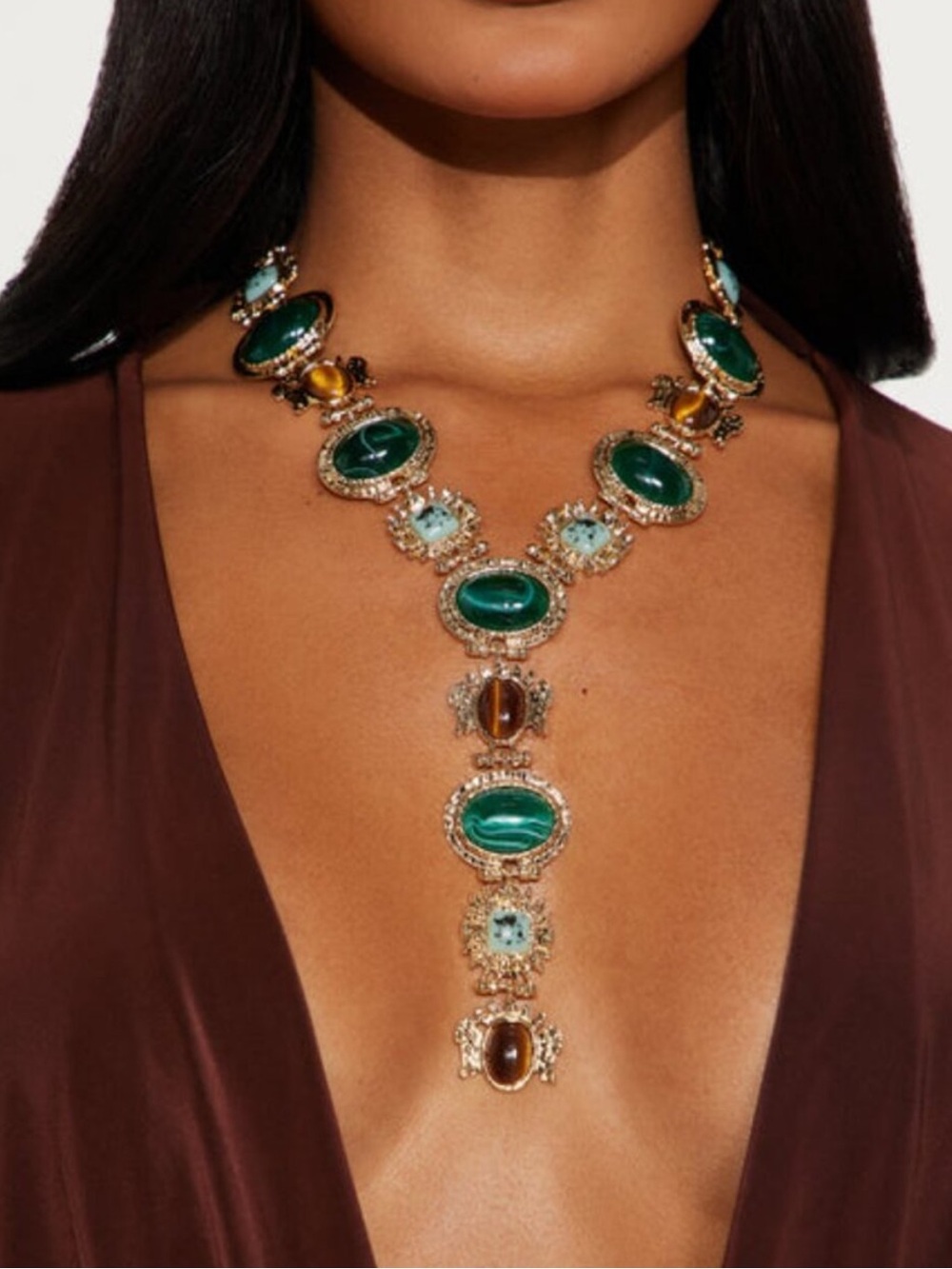 New! Tiger’s Eye, Jade, Dalmatian Jasper Acrylic Stones Gold Statement Necklace